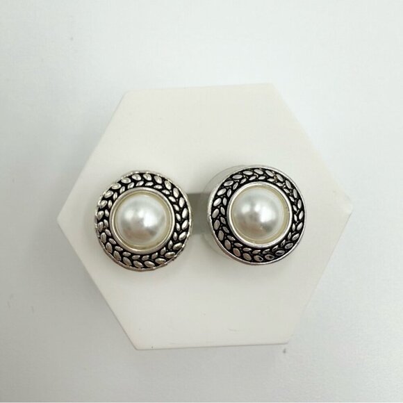 Napier White Faux Pearl Silver Tone Circular Stud Earrings - Picture 2 of 3